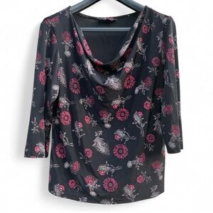 Vintage Briggs New York Floral Cowl Neck Top Made in USA Black Red Large L